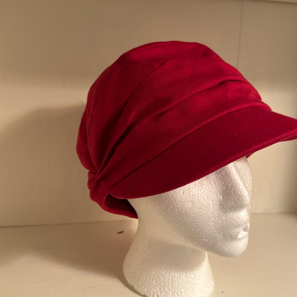 Red, lined, cloche hat, 100% cotton knit, by Comhats, adjustable fit, very chic